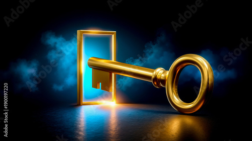 A golden key with a glowing door in the middle of it