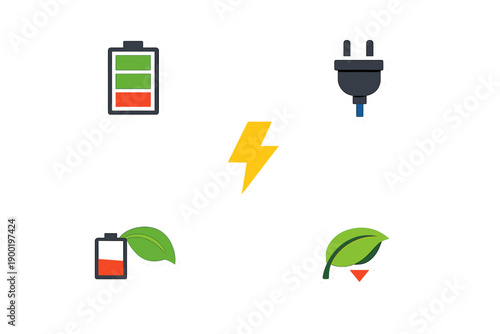 Graphics show battery icons, electric plug, and leaf symbols representing energy use and renewable energy sources