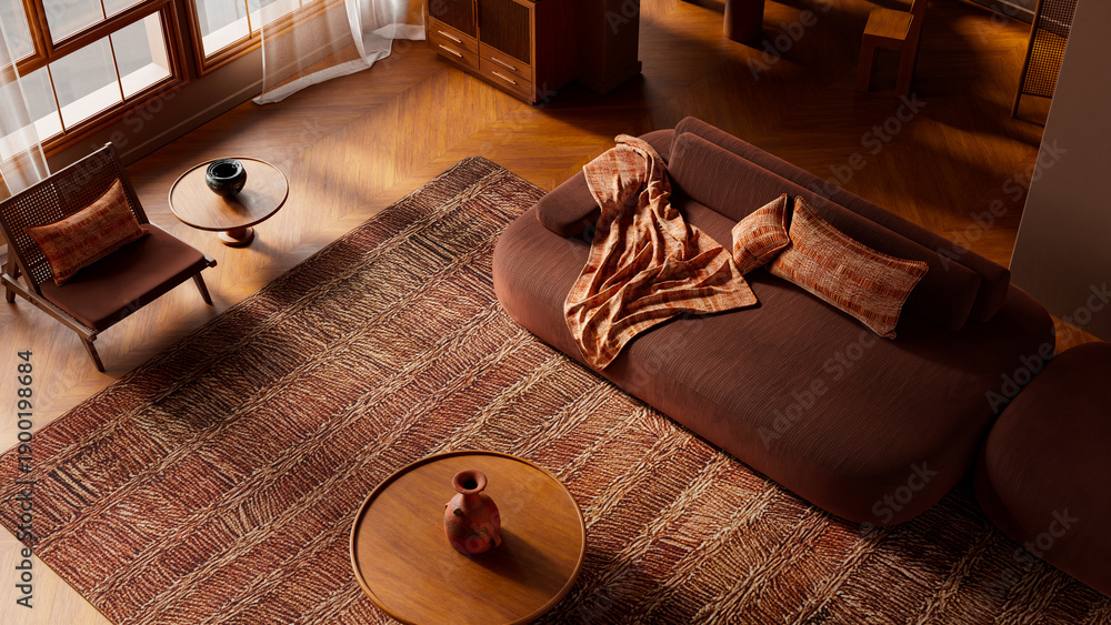 Αυτοκόλλητο Top-view organic modern arrangement revealing compositional layout, textured zones, sculptural pieces, and warm materials create a calm, tactile interior