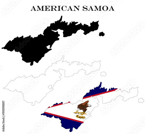 American Samoa Country Maps Bundle with National Flag, Black Silhouette and Detailed Outline Contours