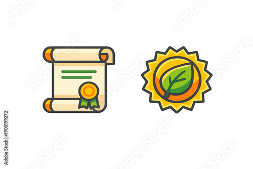 Certificate and badge symbols showing recognition and achievement for environmental efforts in a simple design