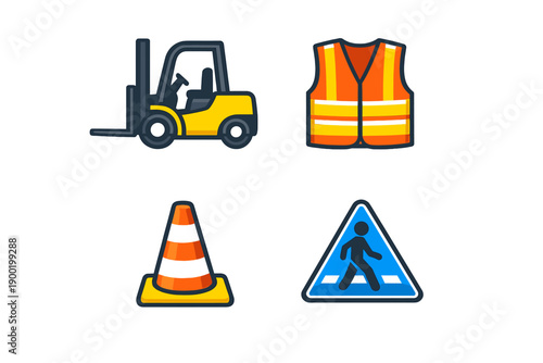 Construction items for safety and work during daytime operations including forklift, safety vest, traffic cones, and pedestrian signs
