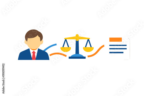 Representation by a lawyer in legal matters with law scales and documents shown to illustrate the process of legal assistance and advice