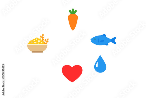 Food groups show healthy choices for a balanced diet with vegetables, grains, protein, and liquids represented by icons placed around a heart