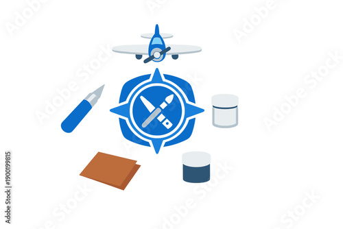 Tools and materials for model airplane building on a white background display various items including paint, glue, and a small plane
