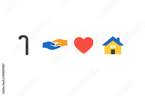 Symbols of love and care for family and home shown through simple icons representing a cane, hands, heart, and house