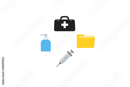 Medical supplies and items commonly found in a healthcare setting are shown in a simple design without specific labels or details to indicate their purpose or use