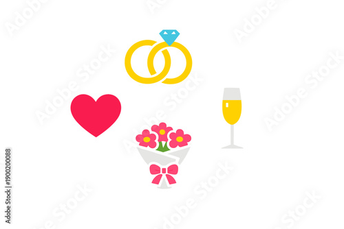 Celebration of love and commitment with symbols of marriage, hearts, flowers, and champagne during a joyful occasion