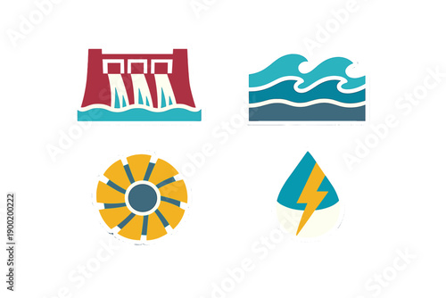 Icons representing energy sources with a dam, waves, sun, and water drop shown in a simple design on a light background