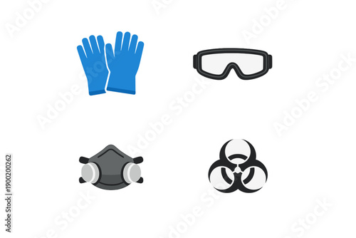 Safety gear including gloves, goggles, mask, and biohazard symbol on white background for personal protection in various environments