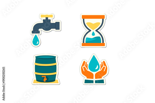 Water conservation concepts shown through symbols including a faucet, hourglass, barrel, and hands holding water illustrating the importance of saving water
