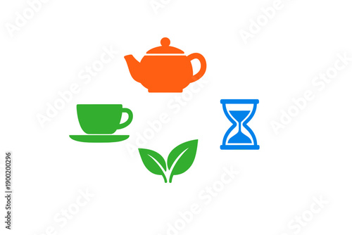 Teapot and tea accessories symbolize the process of making tea, highlighting common elements like time and nature in a simple graphic design