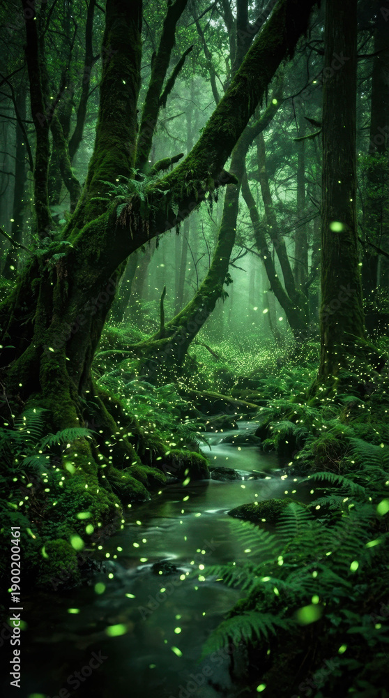 Obraz premium Enchanting forest stream at night with glowing fireflies and lush green moss