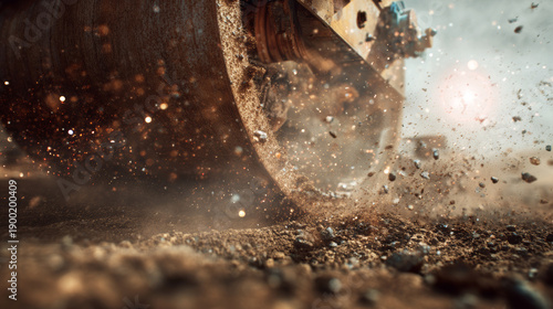 Heavy construction roller drum moving across construction ground, compacting soil and generating flying dirt particles and dust clouds