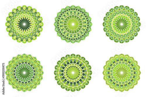 Ornate colorful triangle tile mandala logo set - polygonal abstract ornamental round vector graphic elements from mosaic triangles