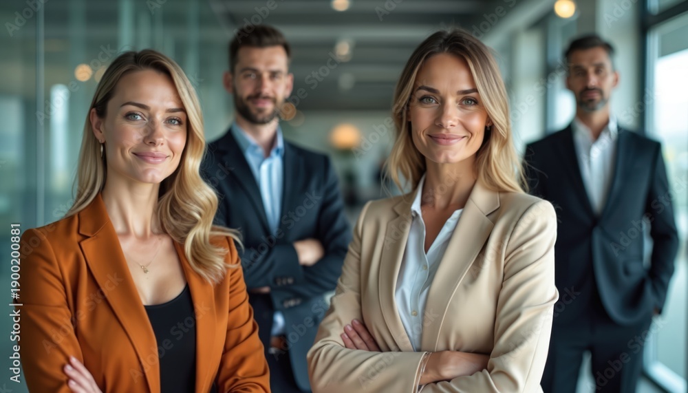 Obraz premium Diverse team of professionals in modern office, posing together confidently. Men and women collaborate, ready for business success and growth. Their unity shows strong teamwork and ambition.