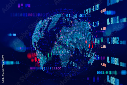 Futuristic digital world globe with stock market numbers, charts and data streams. Concept of global finance, trading analytics, big data technology and real time economic monitoring.