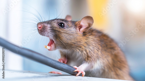 Rat gnawing electrical cable creating hazardous damage, rodent pest control and extermination concept