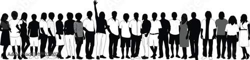 Silhouettes of 25 individuals standing in line with one central figure raising arm in expressive gesture