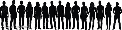 Silhouettes of sixteen diverse standing individuals in horizontal lineup showing varied postures and hairstyles