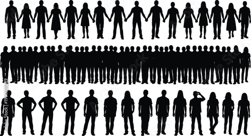 Silhouettes of people in three-row layout showing unity, crowd density, and individual postures in black and white
