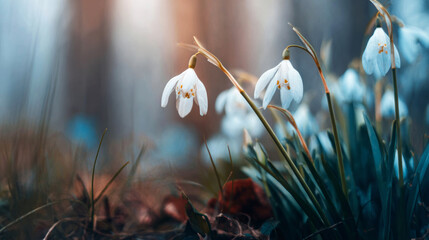 Delicate snowdrop flowers emerging from forest floor, first signs of spring awakening in serene nature, blooming in soft light