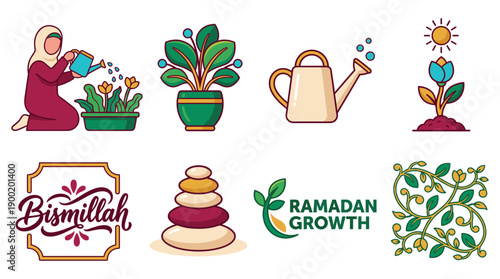 A woman nurturing plants with care, surrounded by growth symbols during Ramadan, digital illustrations, icons, and text, flat design, 2D artwork scene from a direct viewpoint.