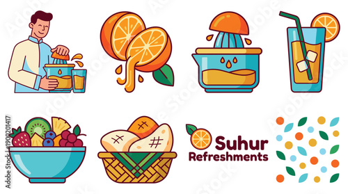 Refreshments being prepared with fruit and juice in a healthy lifestyle setting with various illustrations