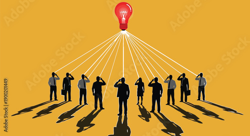 Group of business people looking up at a single glowing red lightbulb representing shared vision and idea generation.