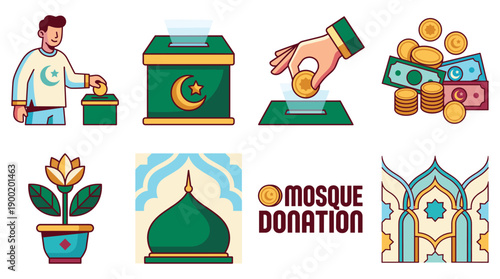 Donation scene illustration with mosque, charity box, person, money, coins, plants, architecture