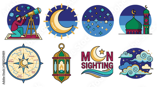 Illustrations of moon sighting with telescope, mosque, and lantern in night sky with stars