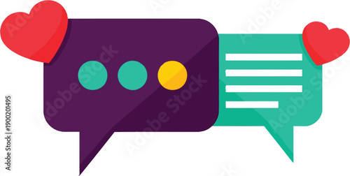 Two stylized chat bubbles with hearts floating above them represent ongoing digital romantic communication and messaging.