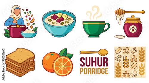 A vibrant illustration of Suhur Porridge ingredients and breakfast preparation on a white background from a top view