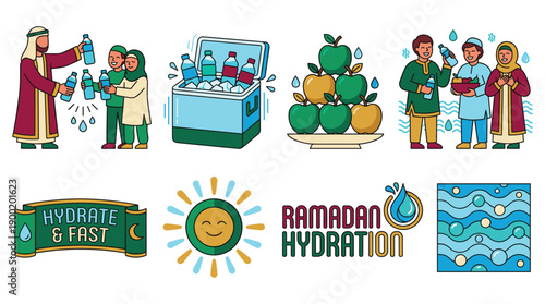 People fasting and hydrating during Ramadan with fruits and drinks in a cultural celebration