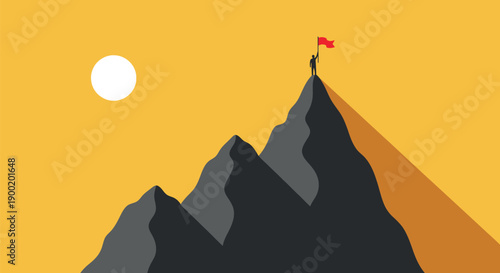 A determined person stands atop a dark mountain peak planting a small red flag 