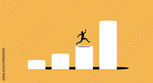 A small figure leaps across a gap between rising white bar graphs symbolizing career advancement and growth.