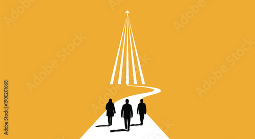 Three figures walk along a winding illuminated path leading toward a bright light source in the distance above them.