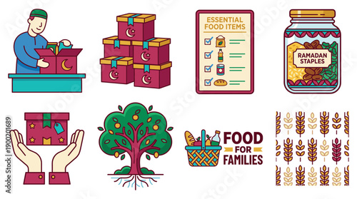 Illustration of food distribution for families in need, showing packing, essential items, and nourishment from tree to people