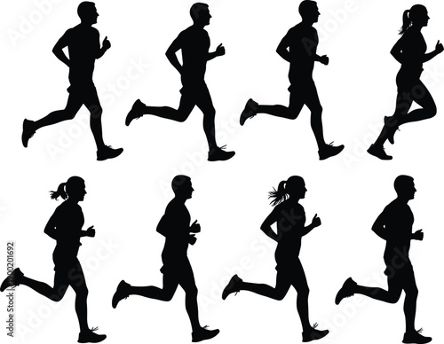 Silhouettes of runners in varied stride and posture across two rows showing motion dynamics and athletic diversity