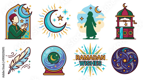 Ramadan illustrations featuring crescent moon, lantern, and fortune teller in mystical settings from various viewpoints