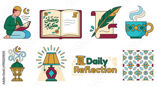 A person reading in a cozy environment with coffee and journaling supplies nearby daily reflection icons