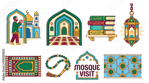 Collection of Islamic cultural heritage illustrations featuring mosque, prayer, architecture, carpet, lantern, book, and beads in a flat design style from various viewpoints