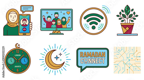 A digital Ramadan celebration with crescent, plant, and clock icons symbolizing connection and community online.