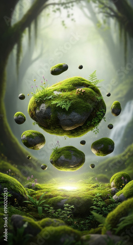 Enchanted forest with mossy rocks floating magically in ethereal light