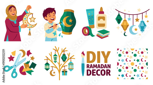Illustrations of DIY Ramadan decorations and festivities being prepared by people in a cultural setting