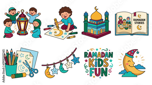 Children enjoying Ramadan activities with lantern, mosque, and artwork in a festive celebration illustration