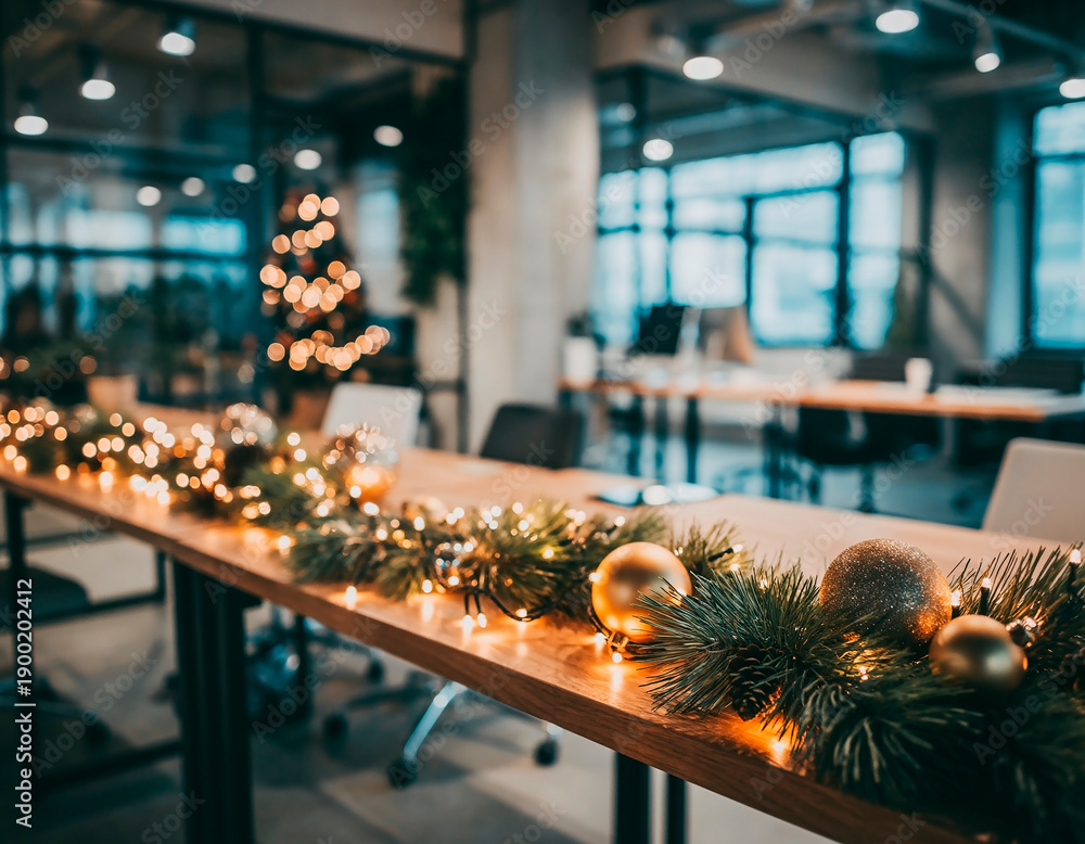 Obraz premium Soft blurred Christmas decorations in office space with glowing lights. Abstract festive background ideal for corporate holiday campaigns and seasonal design projects.