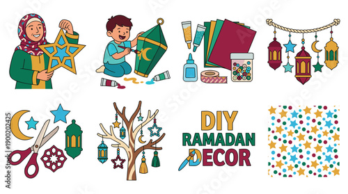 Family creates Ramadan decorations together at home with colorful crafts and ornaments in a festive atmosphere