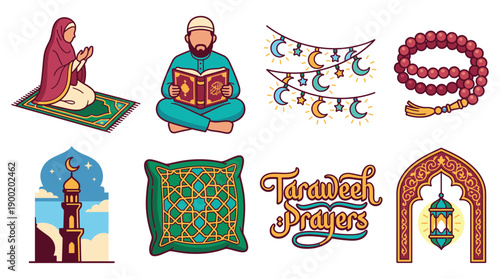 Illustrations of people praying and reading Tarawih prayers with Islamic decorations and ornaments in a serene environment from a top viewpoint