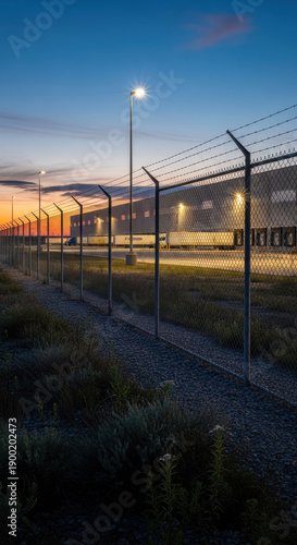 Industrial warehouse with barbed wire fence at dusk with dramatic sky and lights